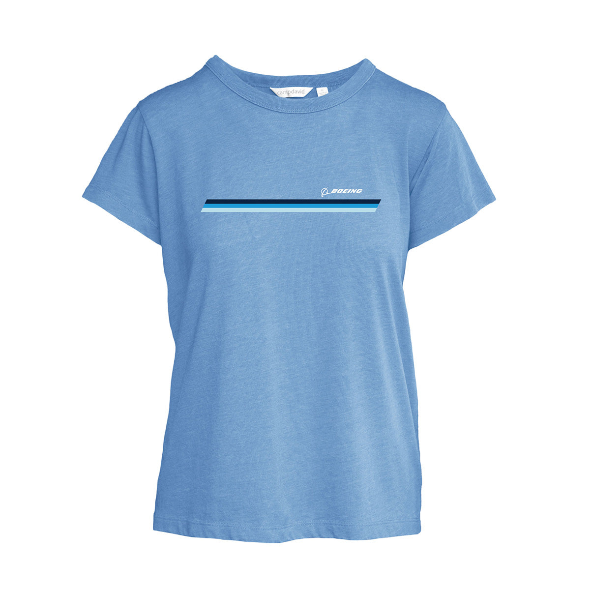 The Boeing Women's Signature Logo Stripe T-Shirt by BOEING features light blue cotton jersey, short sleeves, three horizontal stripes in dark blue, teal, and black, plus a white Boeing logo on the upper left chest for a vintage vibe.