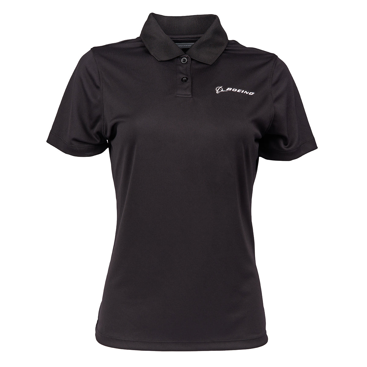 The Boeing Stores Boeing Signature Logo Womens Mesh Tech Polo features a moisture-wicking, UV-protection design with a rib-knit collar, three buttons, and a white Boeing logo on the left chest, combining style and functionality.