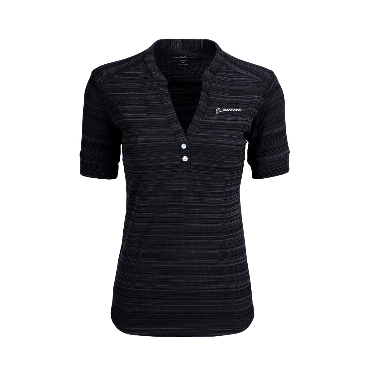 The Boeing Women's Strata Polo by BOEING is a black, short-sleeved polo made from moisture-wicking fabric, featuring stripes, a collarless V-neck with three buttons, and a white Boeing patch on the upper left chest.