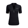 The Boeing Women's Strata Polo by BOEING is a black, short-sleeved polo made from moisture-wicking fabric, featuring stripes, a collarless V-neck with three buttons, and a white Boeing patch on the upper left chest.