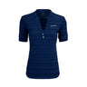 The Boeing Women's Strata Polo by BOEING is a navy shirt with horizontal stripes, a partial button placket, moisture-wicking fabric, and an embroidered Boeing logo on the left chest. Shown on a plain white background.