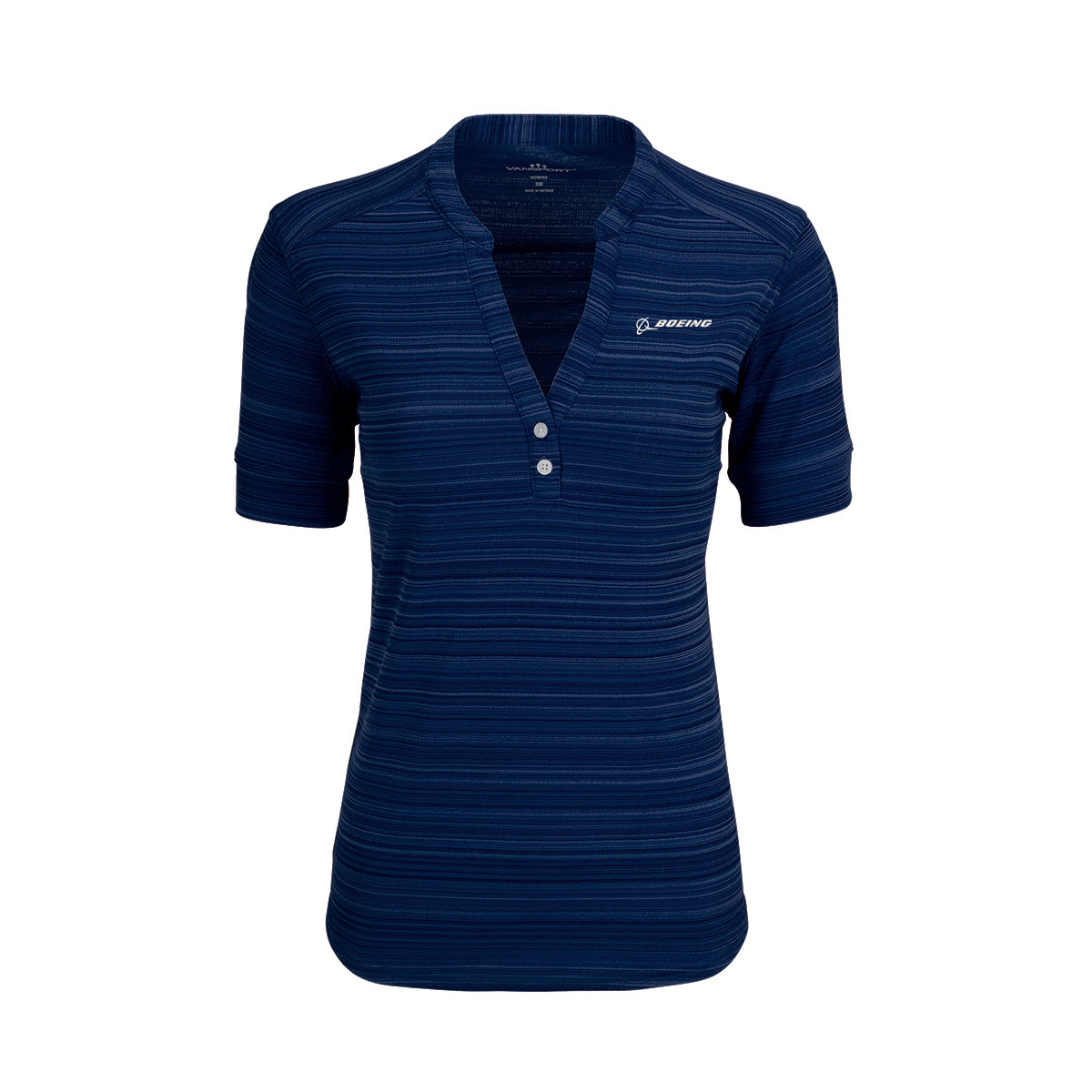 The Boeing Women's Strata Polo by BOEING is a navy shirt with horizontal stripes, a partial button placket, moisture-wicking fabric, and an embroidered Boeing logo on the left chest. Shown on a plain white background.