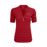 The Boeing Women's Strata Polo by BOEING features red, moisture-wicking fabric, horizontal stripes, a split V-neck with three buttons, and a white embroidered Boeing logo on the left chest.