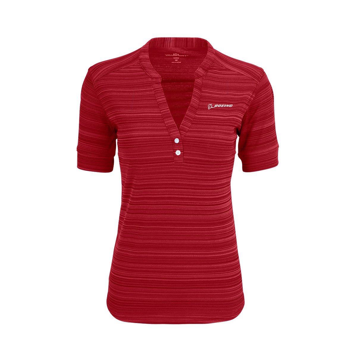 The Boeing Women's Strata Polo by BOEING features red, moisture-wicking fabric, horizontal stripes, a split V-neck with three buttons, and a white embroidered Boeing logo on the left chest.