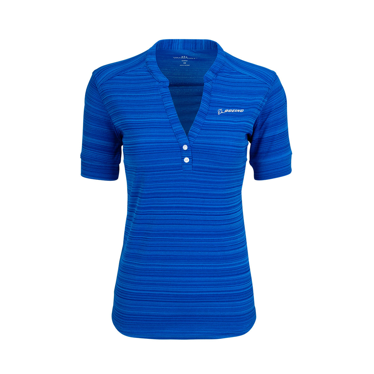 The Boeing Women's Strata Polo by BOEING features bright blue horizontal stripes, moisture-wicking fabric, a three-button V-neck, and an embroidered Boeing logo on the left chest.