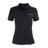 The Callaway Boeing Women’s Polo by BOEING is black with short sleeves, a collared neck, buttons, UPF50 sun protection, and features the Boeing logo embroidered in white on the left chest.