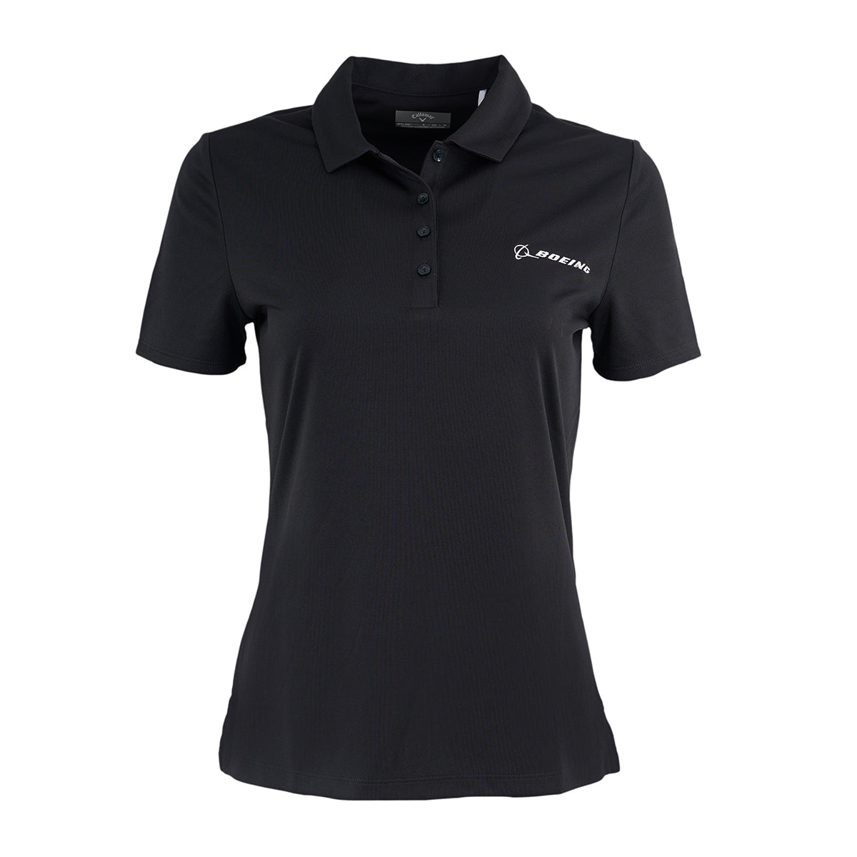 The Callaway Boeing Women’s Polo by BOEING is black with short sleeves, a collared neck, buttons, UPF50 sun protection, and features the Boeing logo embroidered in white on the left chest.