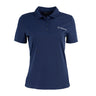 The Callaway Boeing Women’s Polo by BOEING is navy blue with short sleeves, a collar, and button placket. It features moisture-wicking fabric and a small white Boeing logo on the upper left chest.