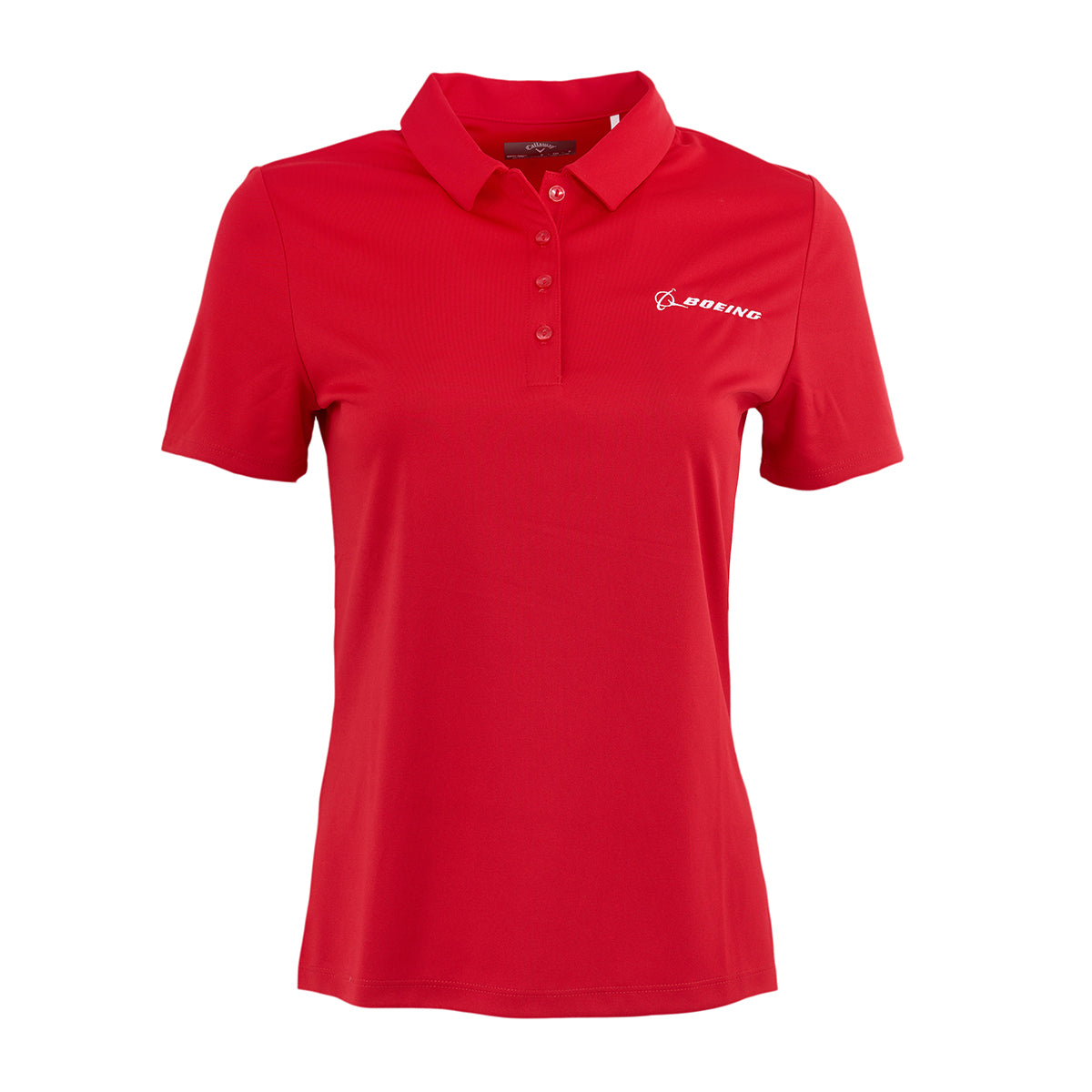 The Callaway Boeing Women’s Polo by BOEING is a red short-sleeve shirt with a collar and buttons, featuring the white Boeing logo on the left chest. Made with moisture-wicking fabric for comfort, shown against a plain white background.