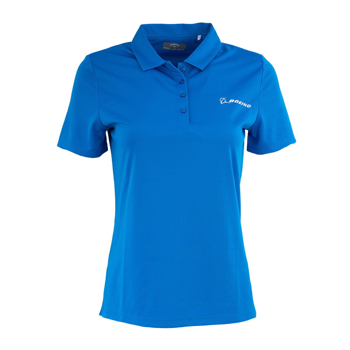 The Callaway Boeing Women’s Polo by BOEING is a bright blue, short-sleeved polo with a collar, button placket, moisture-wicking fabric, and a white Boeing logo on the left chest.