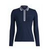 Full product image on a women's mannequin. Features a quarter-zip and Boeing logo on left chest. Long sleeve quarter zip polo in navy with white stripes on the collar