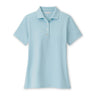 The Peter Millar Boeing Women’s Albatross SS Polo by BOEING is a light blue, short-sleeved performance polo with a collar and four white front buttons, featuring four-way stretch for comfort. Shirt is displayed flat on a white background.