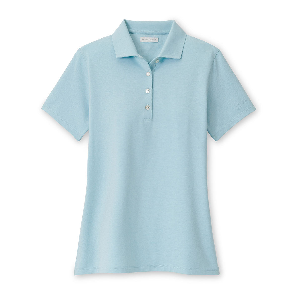 The Peter Millar Boeing Women’s Albatross SS Polo by BOEING is a light blue, short-sleeved performance polo with a collar and four white front buttons, featuring four-way stretch for comfort. Shirt is displayed flat on a white background.