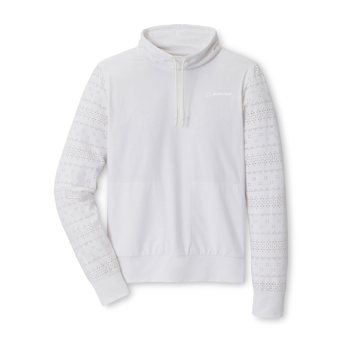 The Peter Millar Boeing Women’s Eyelet Pullover by BOEING features a varsity collar, drawstring, and perforated sleeve details, crafted from performance fabric with a small Boeing logo on the left chest.
