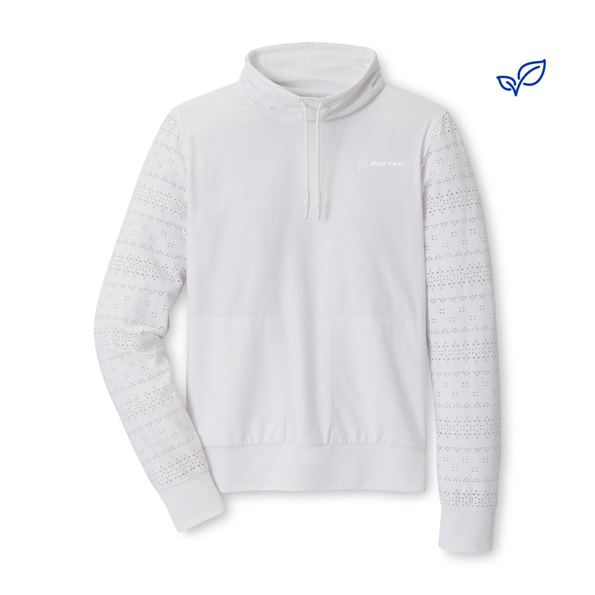 The Peter Millar Boeing Women’s Eyelet Pullover by BOEING features a varsity collar, drawstring, and perforated sleeve details, crafted from performance fabric with a small Boeing logo on the left chest.