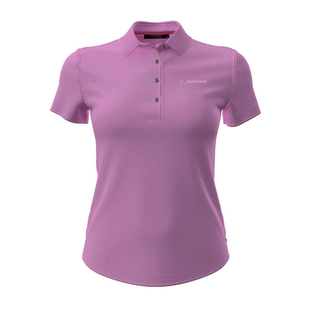 Women's peony pink polo shirt with short sleeves and a buttoned collar, featuring a subtle logo on the chest. The fabric appears soft and comfortable.