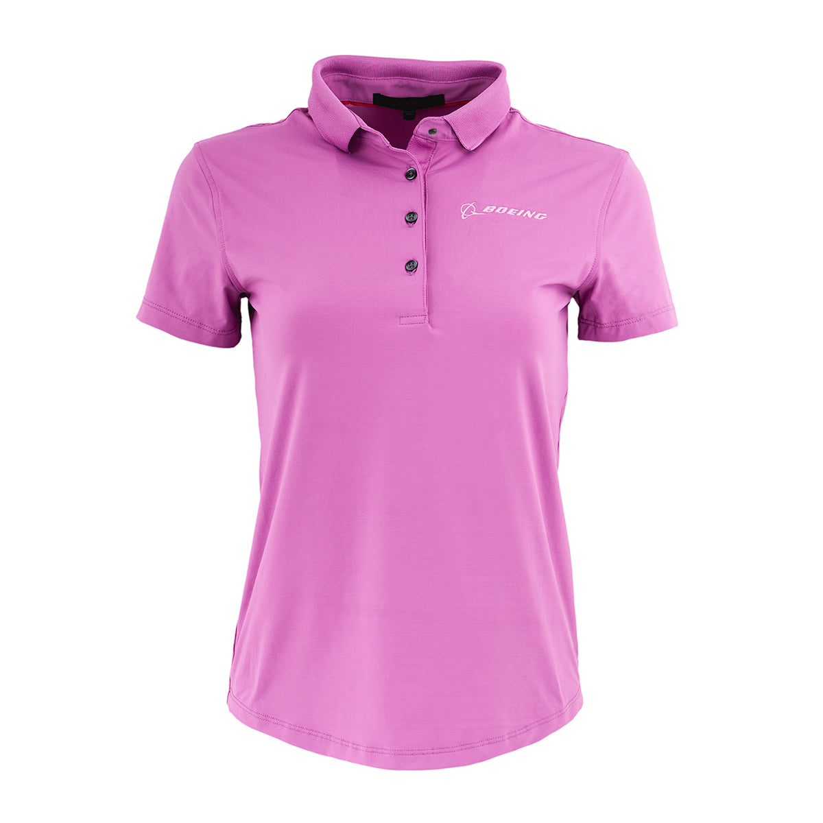 The Greyson Boeing Women’s Scarlett Crowley Collar Polo is a pink, short-sleeve, athletic-fit shirt with a collar and buttons, featuring the BOEING logo in white on the left chest.