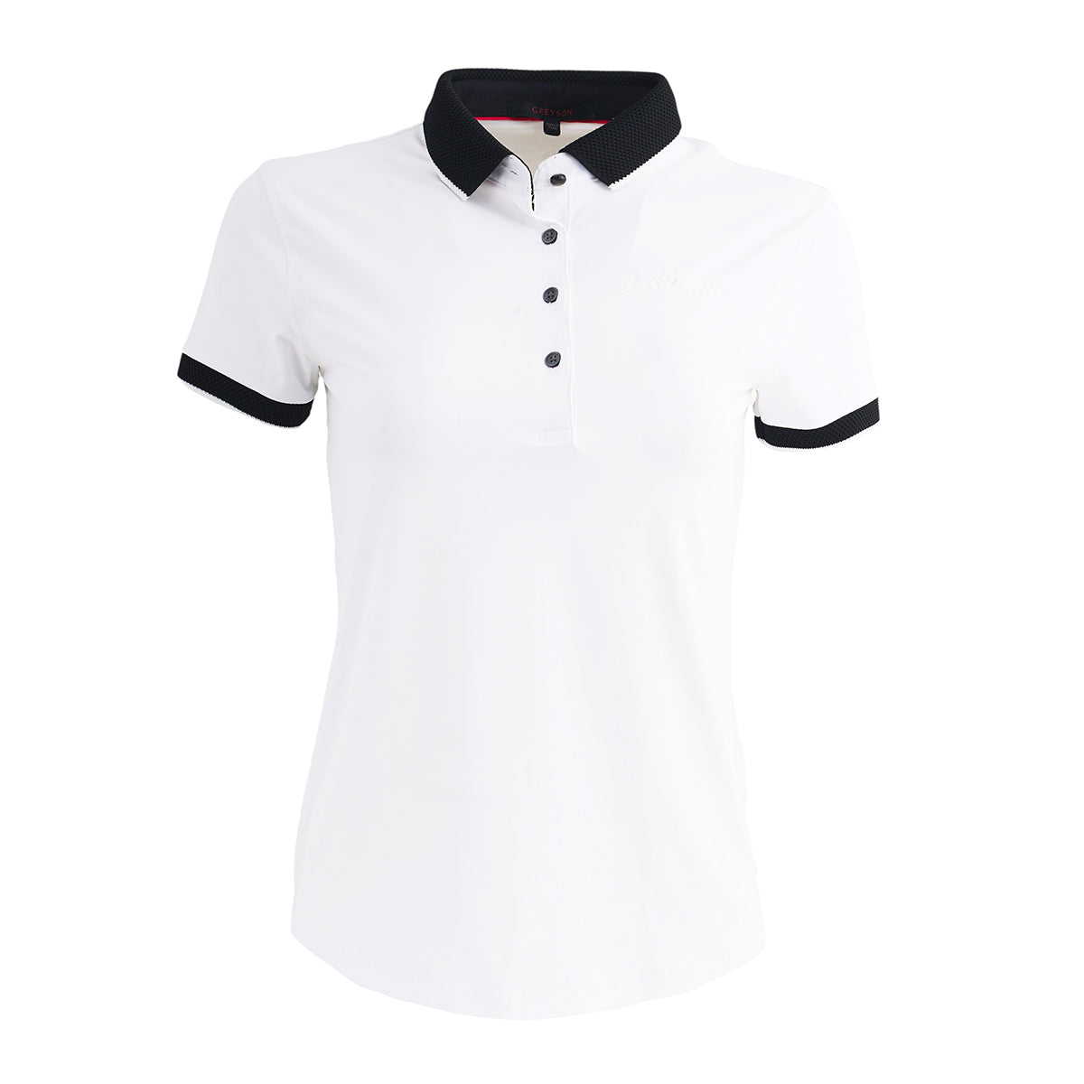 The Greyson Boeing Women’s Banded Scarlett Polo by BOEING is a white, short-sleeve polo with black collar and sleeve cuffs, button-up neckline, and athletic fit. Shown here on a plain white background.