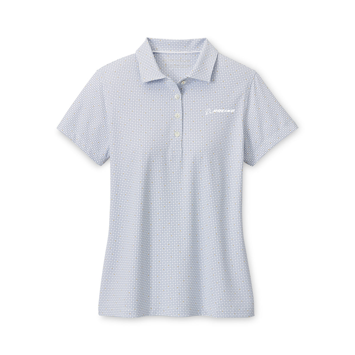 The Peter Millar Boeing Women’s Day Break SS Jersey Polo is a light blue, geometric-patterned golf shirt with a button-up collar and white Boeing logo on the chest. It offers UPF 50+ sun protection and is shown laid flat on a white background.