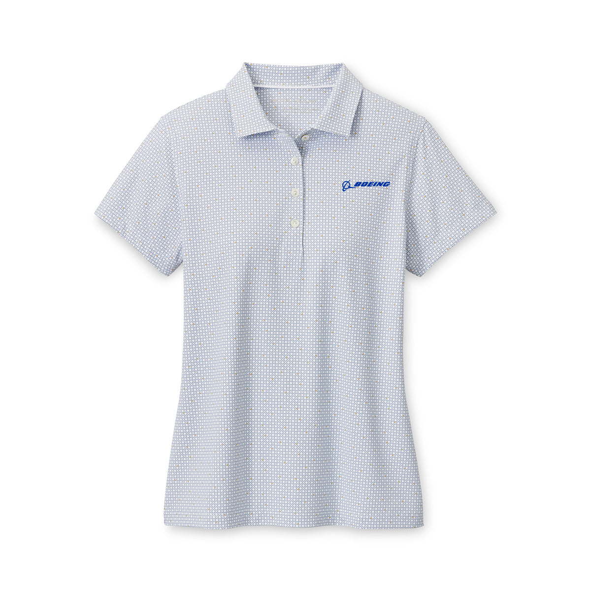 The Peter Millar Boeing Women’s Day Break Jersey Polo by BOEING features UPF 50+ protection, a light blue/white geometric pattern, collar, and blue Boeing logo on the left chest. This golf shirt is shown laid flat on a white background.