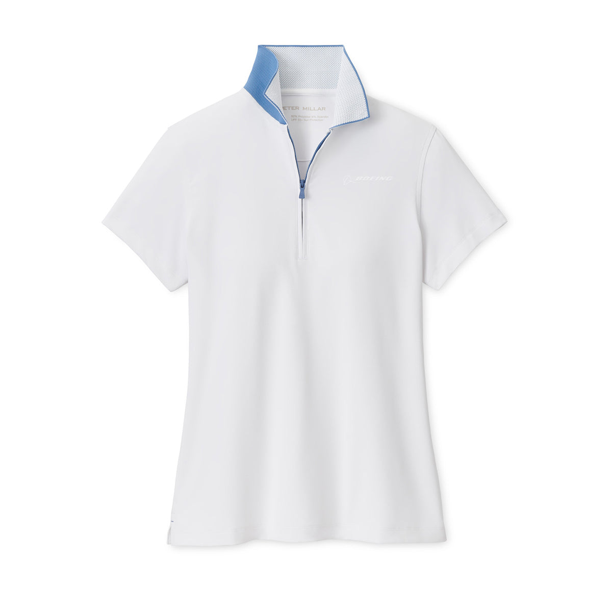 The Peter Millar Boeing Women’s Keswick Zip Neck SS Polo by BOEING is a white short-sleeve polo with a quarter-zip front, light blue inner collar, and subtle logo on the left chest, shown against a plain white background.