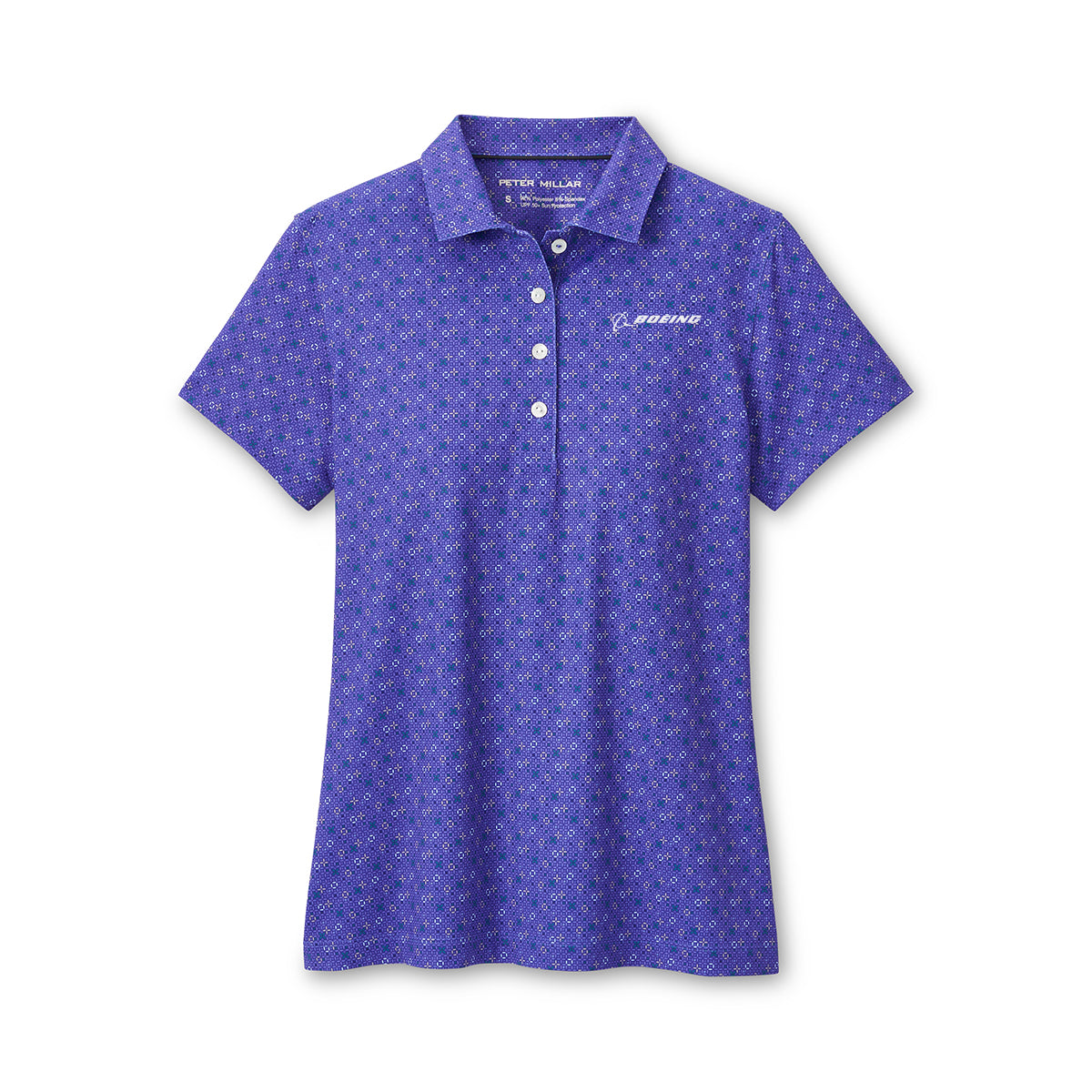 The Peter Millar Boeing Women’s Circle Back Performance Polo features short sleeves, a subtle geometric pattern, white buttons, and Boeing embroidery on the left chest. Its moisture-wicking fabric delivers comfort and a polished, casual style.