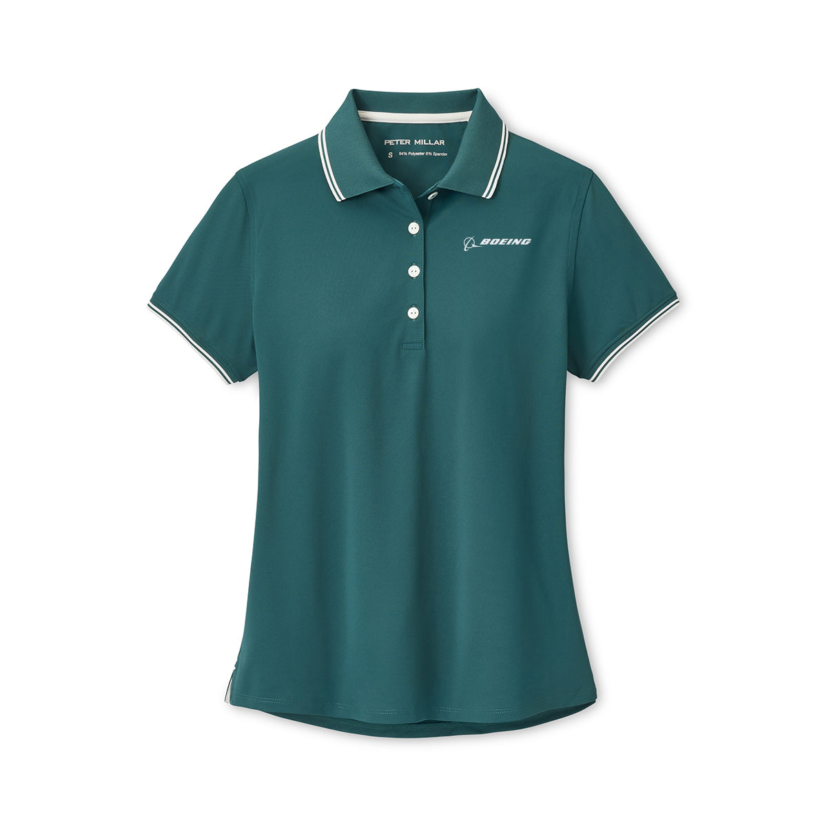 The Peter Millar Boeing Women’s Canterbury Tipped Mesh Polo features teal short sleeves, white collar and sleeve trim, a three-button placket, four-way stretch moisture-wicking fabric, and an embroidered Boeing logo on the left chest.