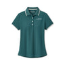 The Peter Millar Boeing Women’s Canterbury Tipped Mesh Polo features teal short sleeves, white collar and sleeve trim, a three-button placket, four-way stretch moisture-wicking fabric, and an embroidered Boeing logo on the left chest.