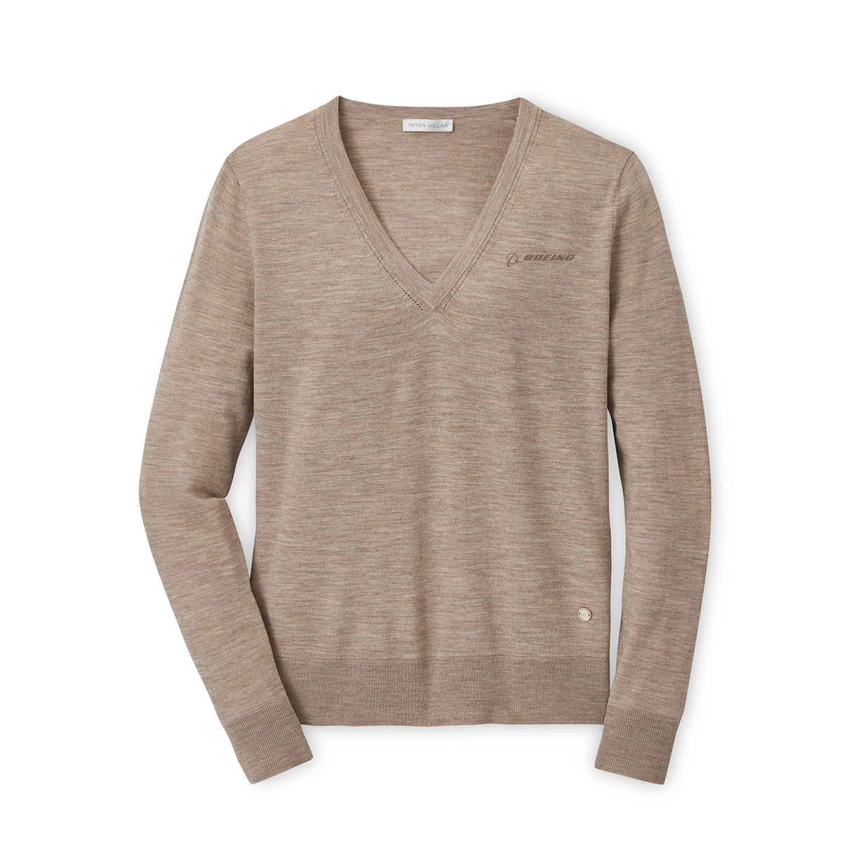 The Peter Millar Boeing Women’s Excursionist Flex V-Neck Sweater by BOEING is a light brown merino wool piece with long sleeves and subtle stitching, featuring an embroidered logo on the left chest. Shown laid flat on a white background.