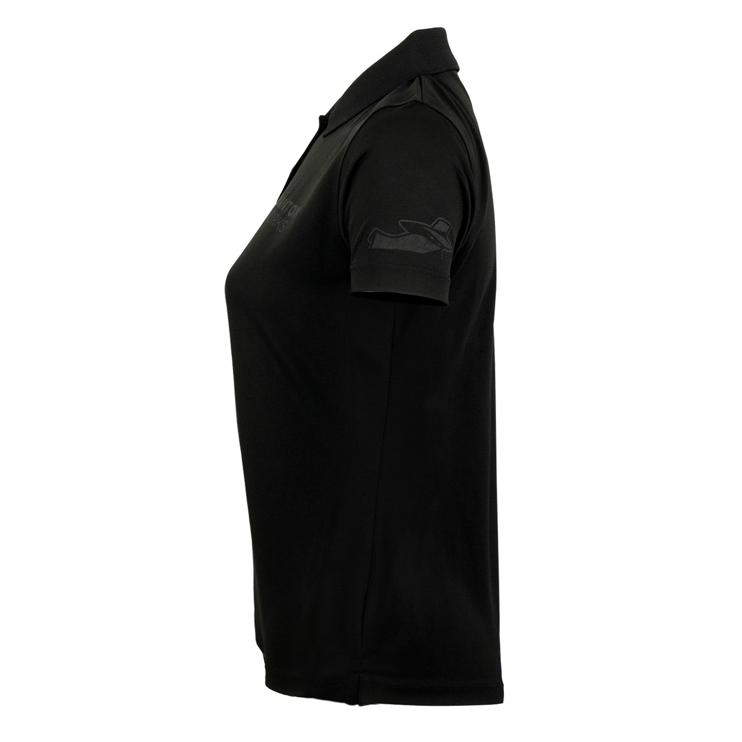 The Boeing Phantom Works 2025 Women’s Performance Polo by BOEING is displayed from the side on a white background, featuring a black color, collar, and subtle stitching along the sleeves and shoulders.