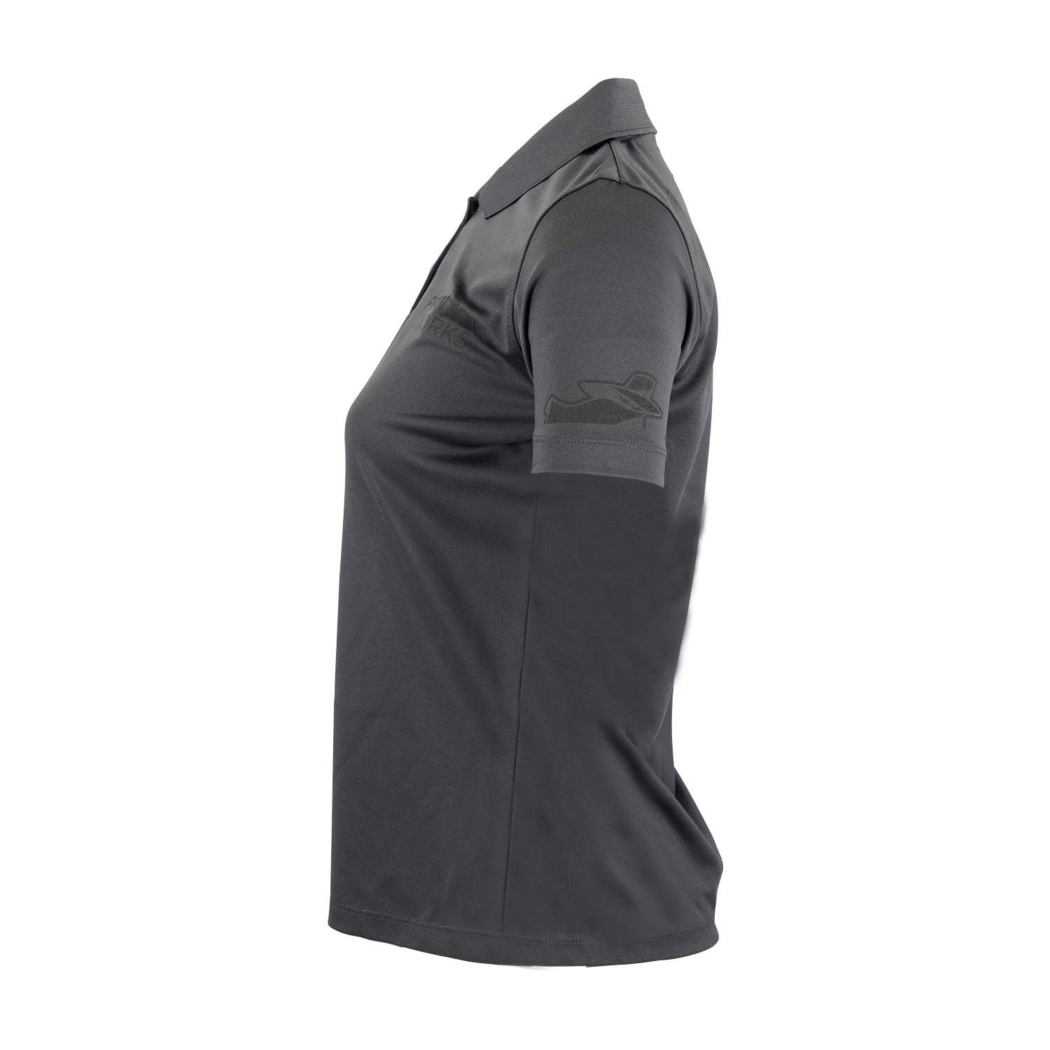 Side view of the Boeing Phantom Works 2025 Women’s Performance Polo by BOEING in dark gray, with short sleeves, subtle embroidery, and a snag-resistant finish. Displayed on a white background.