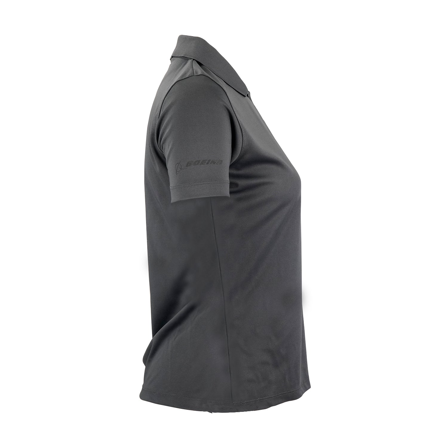 Side view of the Boeing Phantom Works 2025 Women’s Performance Polo in dark gray, featuring a collar and a subtle "BOEING" logo on the left sleeve, displayed on a plain white background.