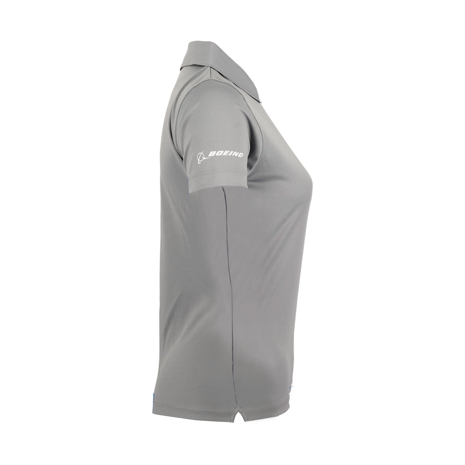 Side view of the Boeing Phantom Works 2025 Women’s Performance Polo in gray, featuring short sleeves, a collar, and white BOEING logo on the left sleeve. This fitted, moisture-wicking polo is made from smooth, snag-resistant fabric.