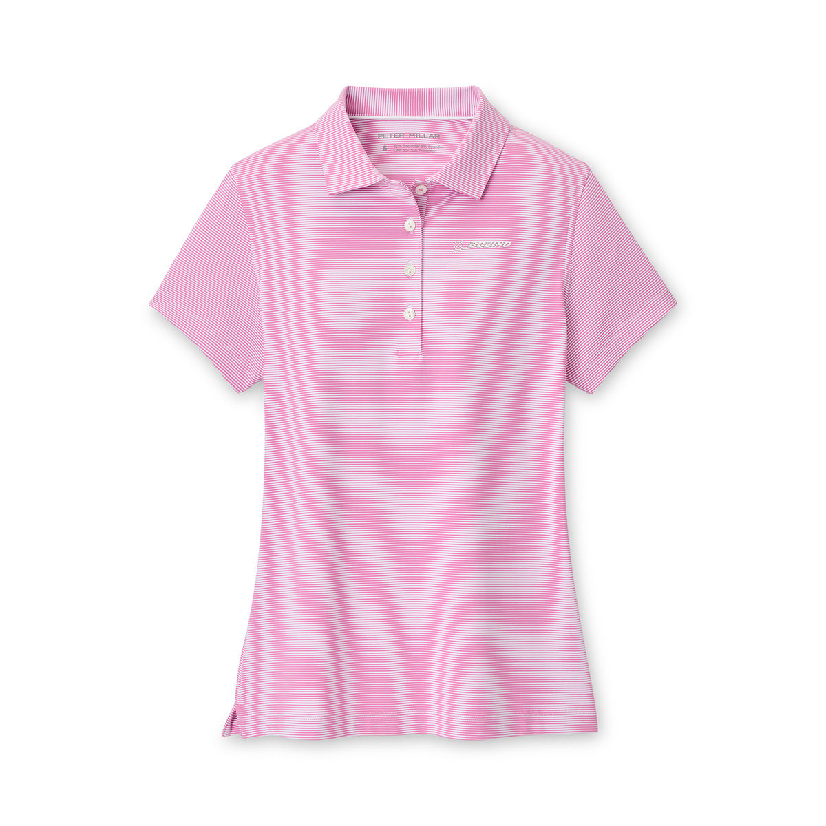 Pink short-sleeved Peter Millar Boeing Women’s Jubilee Performance Polo with thin white horizontal stripes and a small logo on the chest.