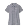 The Peter Millar Boeing Women’s Jubilee Polo by BOEING features short sleeves, light gray and white stripes, a collar with four buttons, a small embroidered logo on the left chest, and is made from stretch performance fabric. Laid flat on a white background.