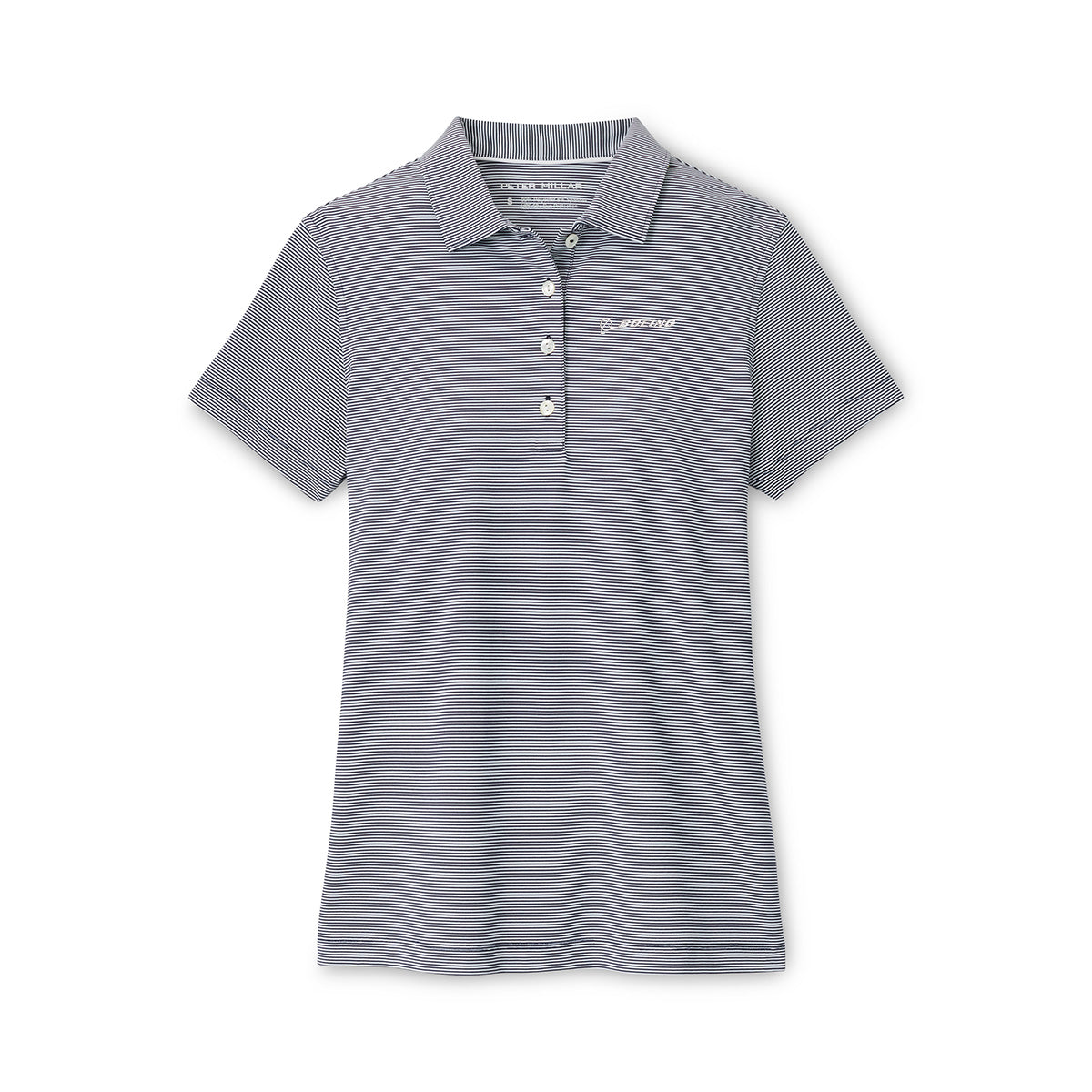 The Peter Millar Boeing Women’s Jubilee Polo by BOEING features short sleeves, light gray and white stripes, a collar with four buttons, a small embroidered logo on the left chest, and is made from stretch performance fabric. Laid flat on a white background.