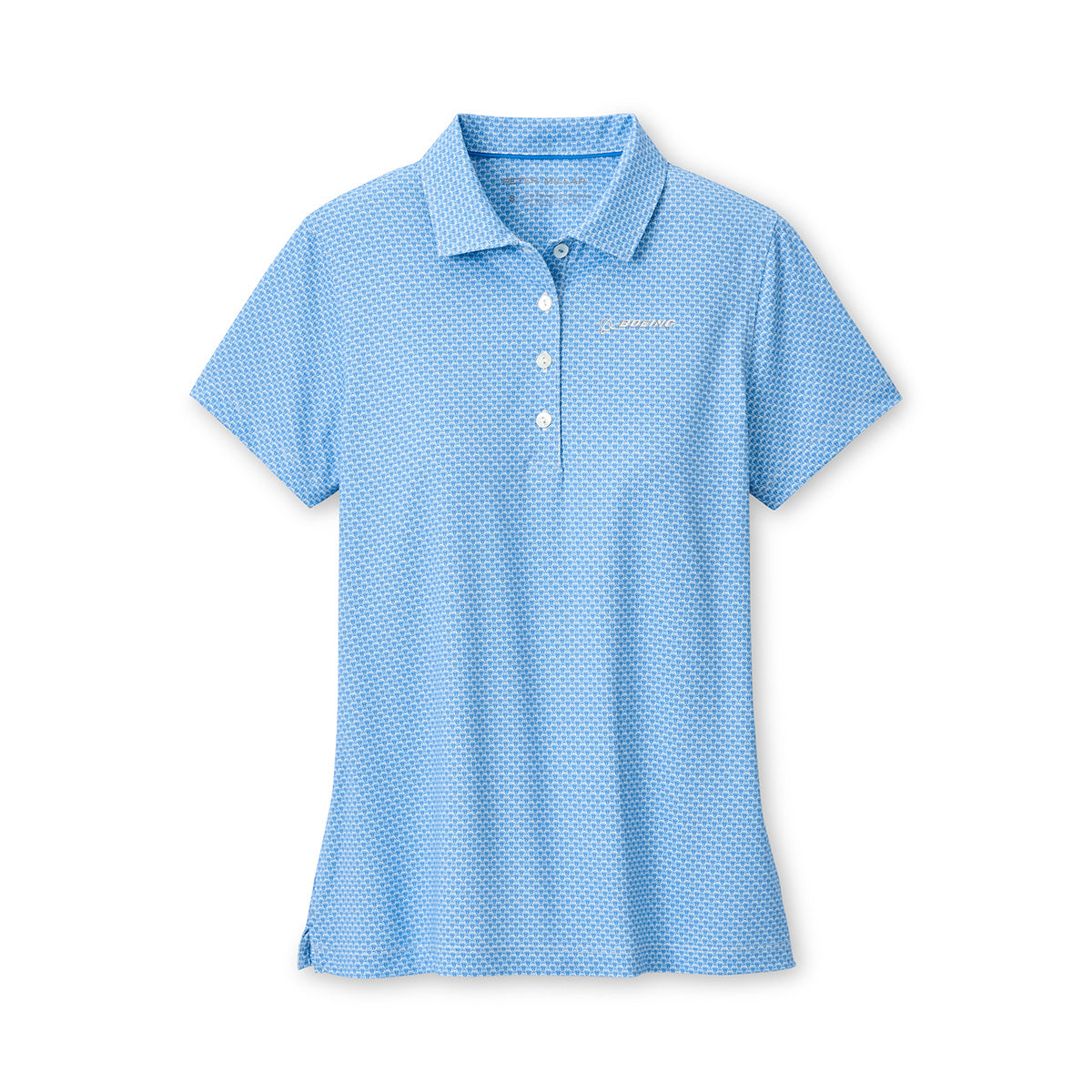 The Peter Millar Boeing Women’s Maritime Valley Polo by BOEING is a light blue, short-sleeve collared shirt with a subtle geometric pattern, white buttons, moisture-wicking fabric, and a small logo on the left chest. Displayed on a white background.
