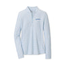The Peter Millar Boeing Women’s Lightweight Sun Shirt features light blue and white stripes, long sleeves, a quarter-zip front, UPF 50+ protection, and the Boeing logo on the left chest.