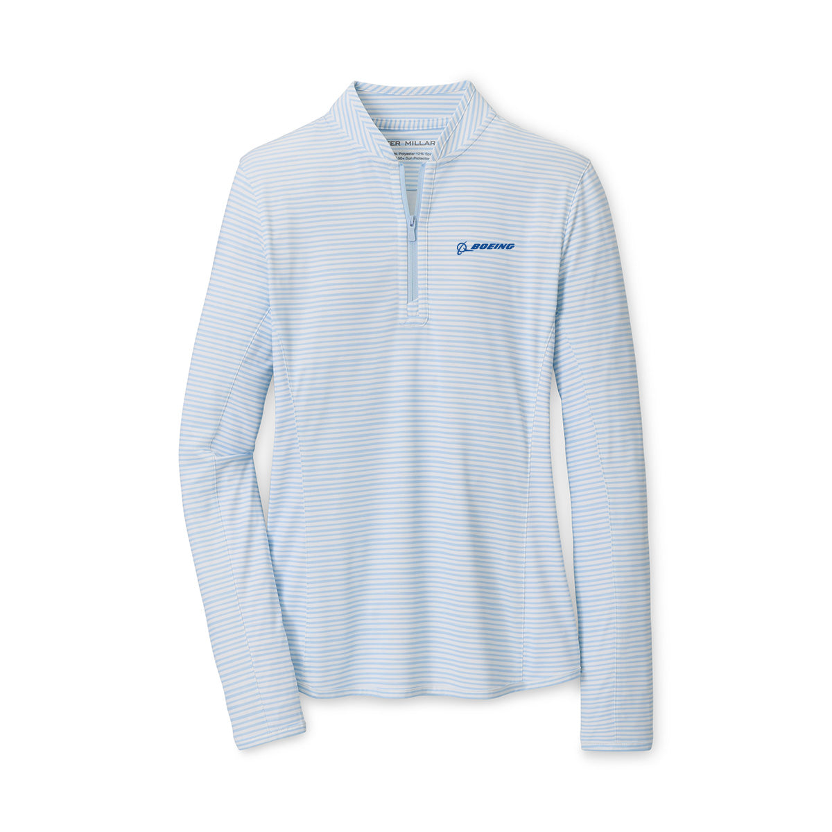 The Peter Millar Boeing Women’s Lightweight Sun Shirt features light blue and white stripes, long sleeves, a quarter-zip front, UPF 50+ protection, and the Boeing logo on the left chest.