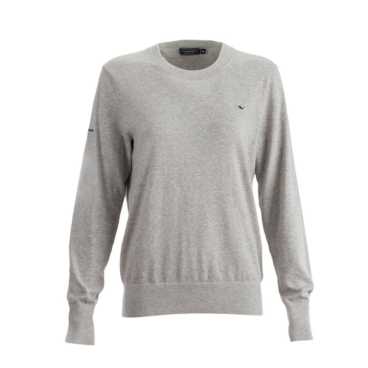 The BOEING Vineyard Vines Woman’s Heritage Cashmere Blend Crewneck Sweatshirt in light gray features long sleeves, ribbed cuffs and hem, plus a small embroidered logo on the left chest. Displayed on a white background.