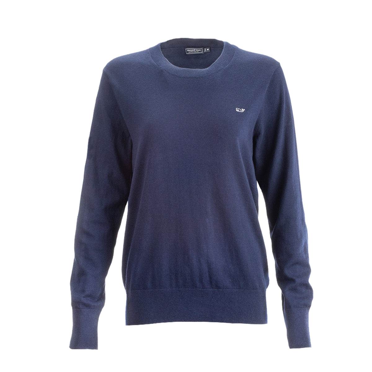 The BOEING Vineyard Vines Woman’s Heritage Cashmere Blend Crewneck Sweatshirt in navy features long sleeves, a soft cotton-cashmere blend, and a small white logo on the left chest, shown on a white background.