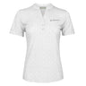 The Boeing Women's Signature Logo Pro Crossroads Polo by BOEING features white moisture-wicking fabric with a subtle gray pattern, UPF 50+ sun protection, short sleeves, a partial button placket, small collar, tailored fit, and Boeing logo on the chest.