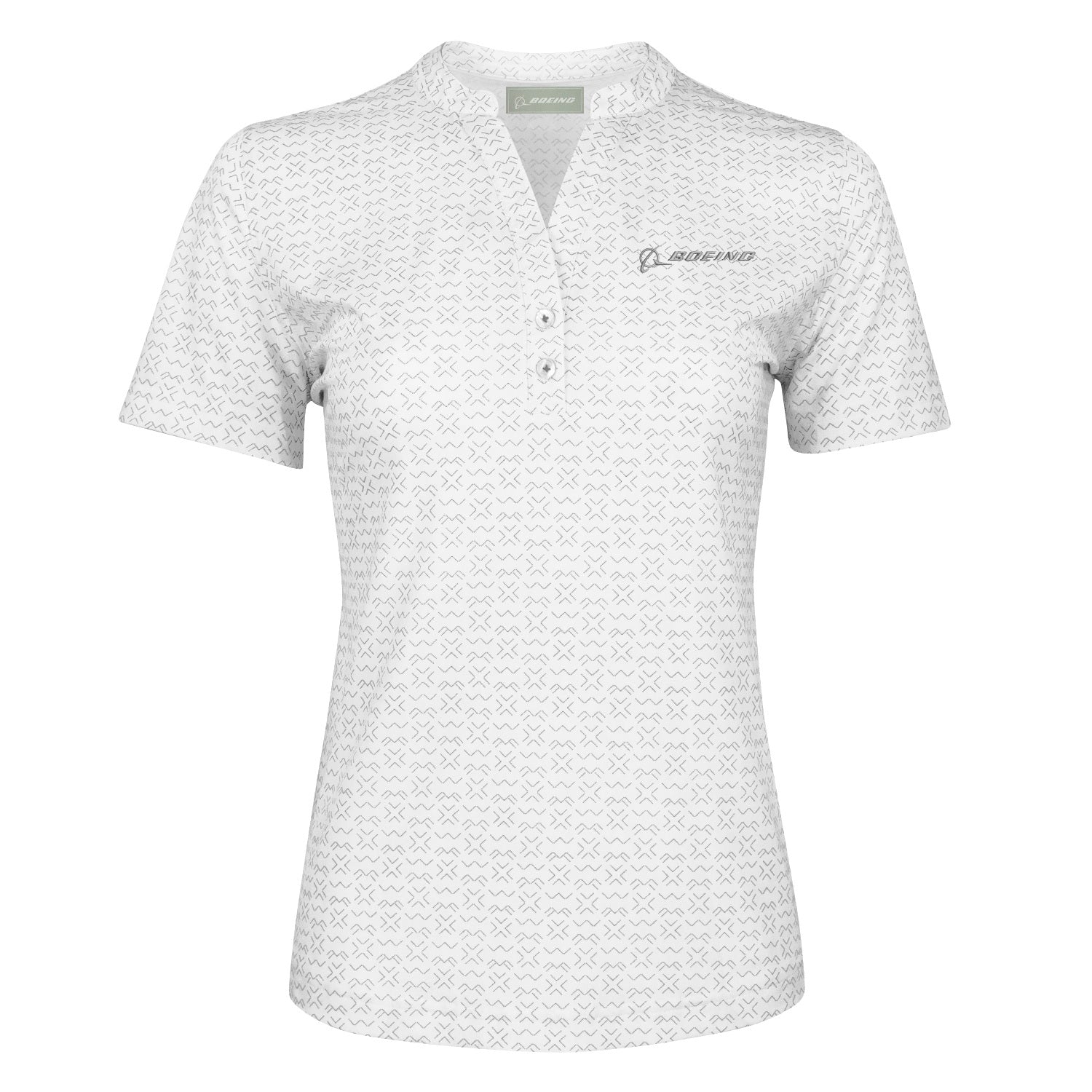 The Boeing Women's Signature Logo Pro Crossroads Polo by BOEING features white moisture-wicking fabric with a subtle gray pattern, UPF 50+ sun protection, short sleeves, a partial button placket, small collar, tailored fit, and Boeing logo on the chest.