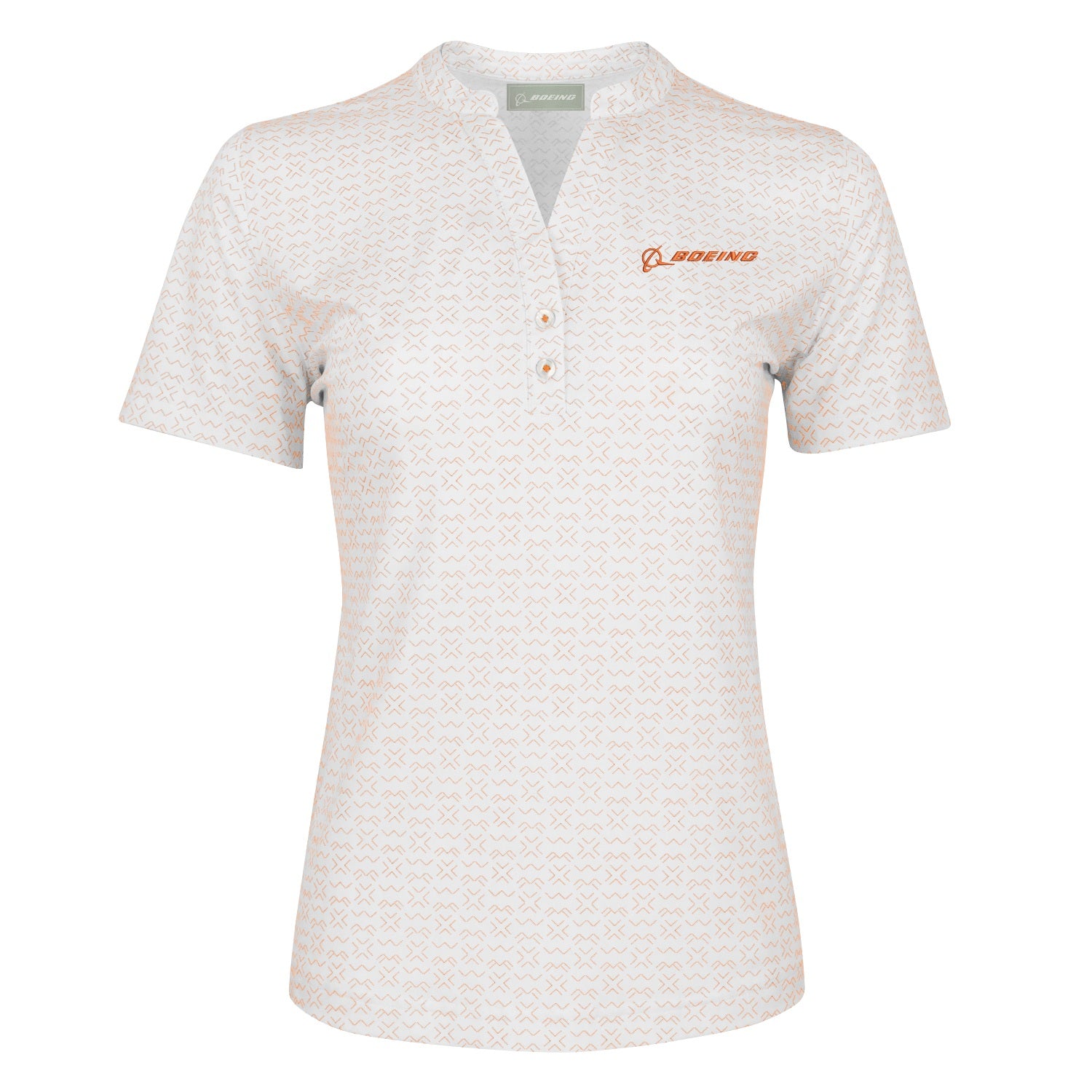 The Boeing Women's Signature Logo Pro Crossroads Polo by BOEING is a white, short-sleeve shirt with a subtle geometric pattern, three-button collar, moisture-wicking fabric, and an orange Boeing logo on the left chest.
