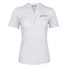 The Boeing Women's Signature Logo Pro Crossroads Polo by BOEING features short sleeves, a white and light purple pattern, UPF 50+ protection, moisture-wicking fabric, a partial button placket, and a logo on the left chest.