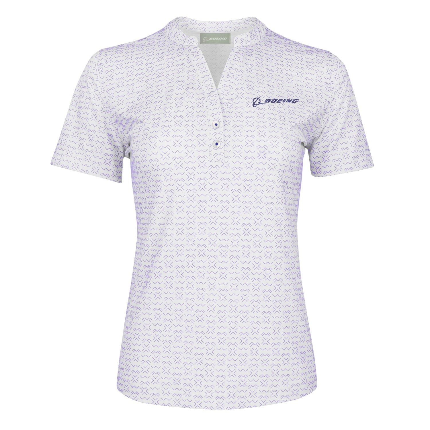 The Boeing Women's Signature Logo Pro Crossroads Polo by BOEING features short sleeves, a white and light purple pattern, UPF 50+ protection, moisture-wicking fabric, a partial button placket, and a logo on the left chest.