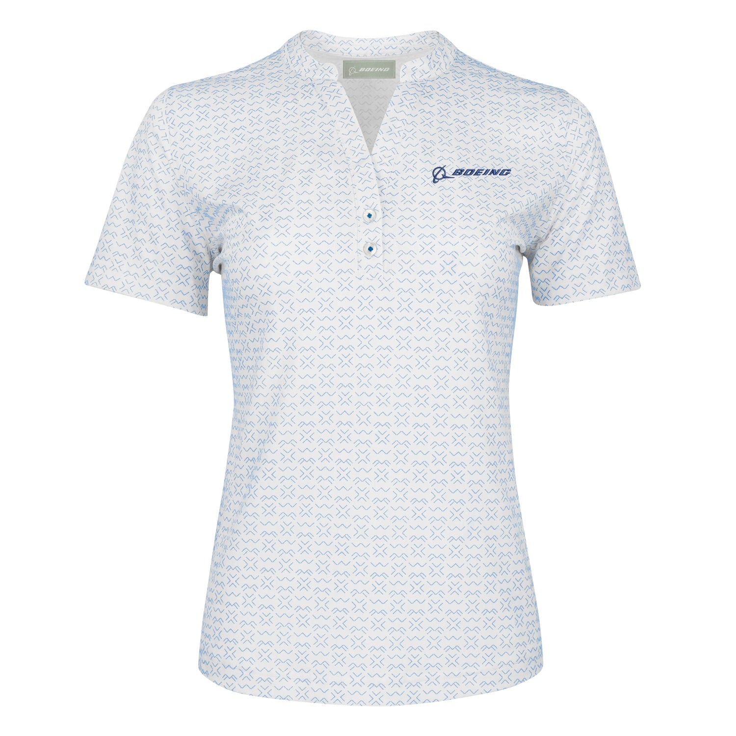 The Boeing Women's Signature Logo Pro Crossroads Polo by BOEING features short sleeves, a white moisture-wicking fabric with a light blue geometric pattern, three-button front, and a blue Boeing logo on the left chest.