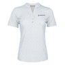 The Boeing Women's Signature Logo Pro Crossroads Polo by BOEING features short sleeves, a white moisture-wicking fabric with a light blue geometric pattern, three-button front, and a blue Boeing logo on the left chest.