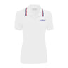 The Boeing Americana Women’s Performance Polo by BOEING features red, white, and blue collar stripes, a blue Boeing logo on the left chest, moisture-wicking fabric, short sleeves, and a fitted design for comfort and style.