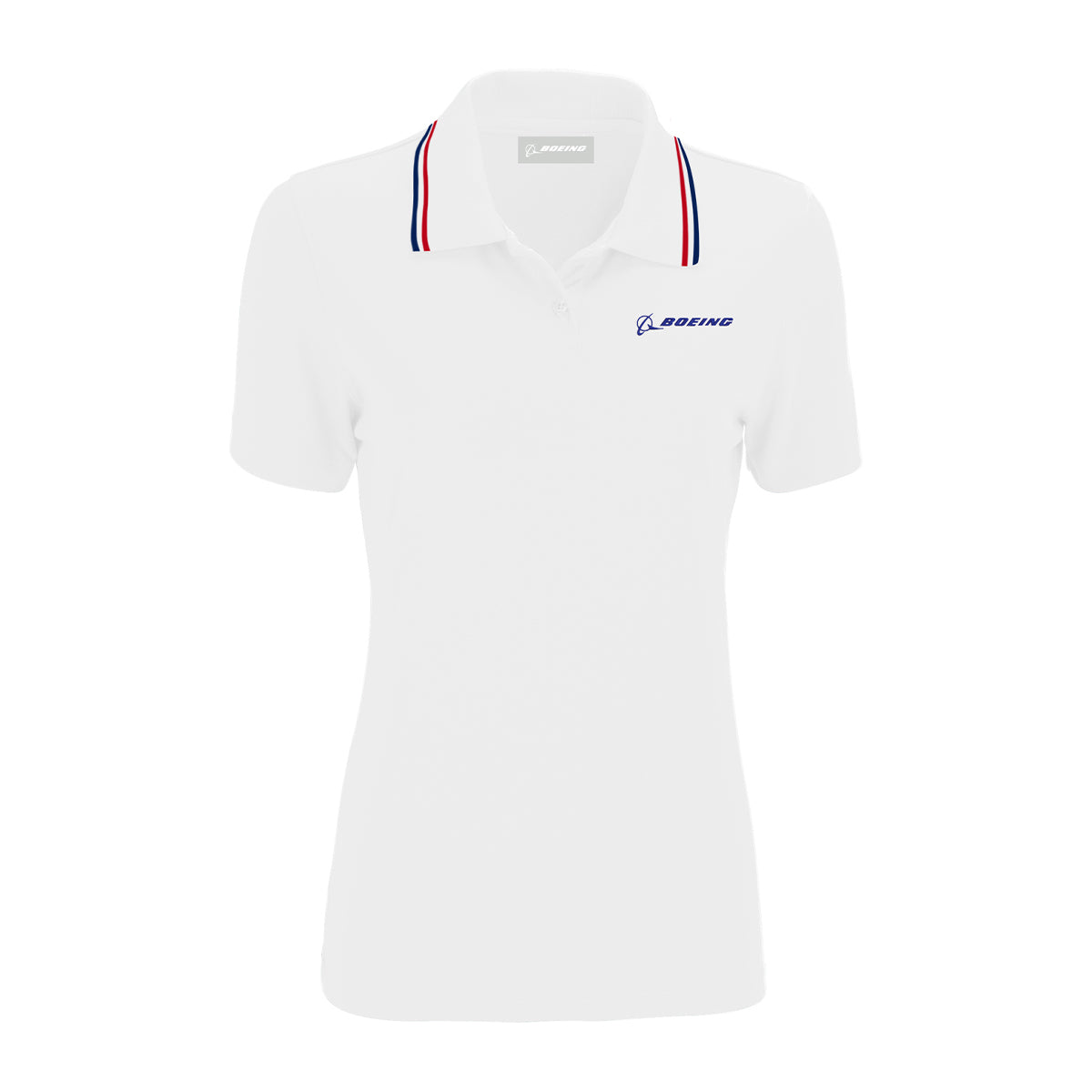 The Boeing Americana Women’s Performance Polo by BOEING features red, white, and blue collar stripes, a blue Boeing logo on the left chest, moisture-wicking fabric, short sleeves, and a fitted design for comfort and style.